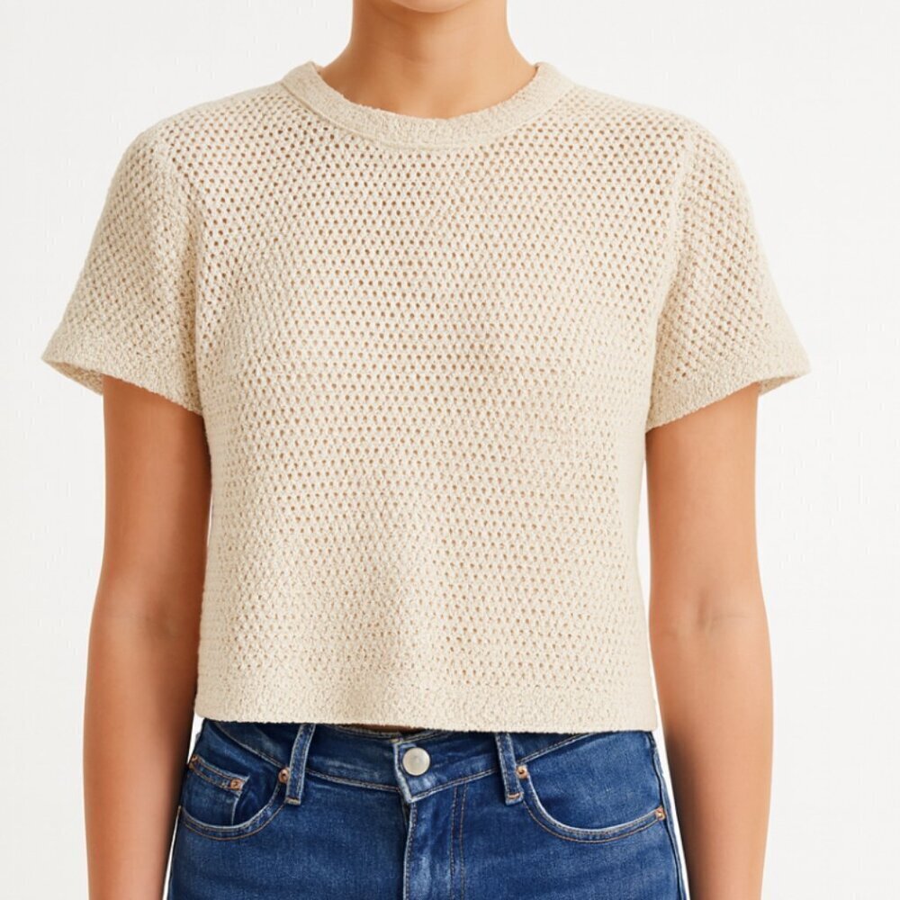 Boteh Womens crochet mesh short sleeve knit Top cream vanilla size 0 XS